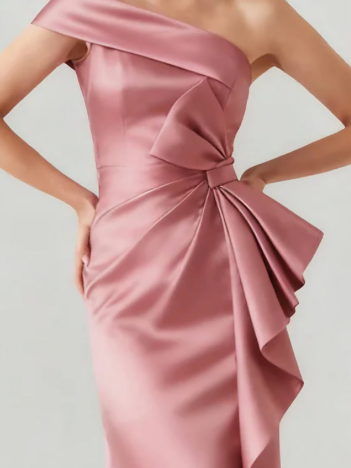 Trumpet/Mermaid One-Shoulder Ruched Evening Dresses with Bowknot Floor-Length Satin Party Dresses