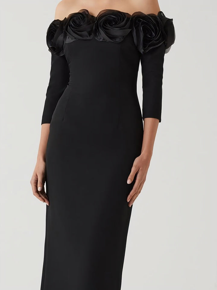 Sheath/Column Off-the-Shoulder Floor-Length Evening Dresses 3/4 Sleeves Party Dresses with 3D Flower