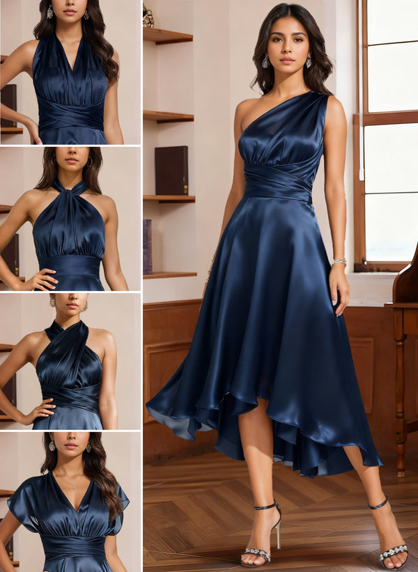 A-Line/Princess Halter One Shoulder V-Neck Wedding Guest Dresses Convertible Asymmetrical Stretch Satin With Pleated