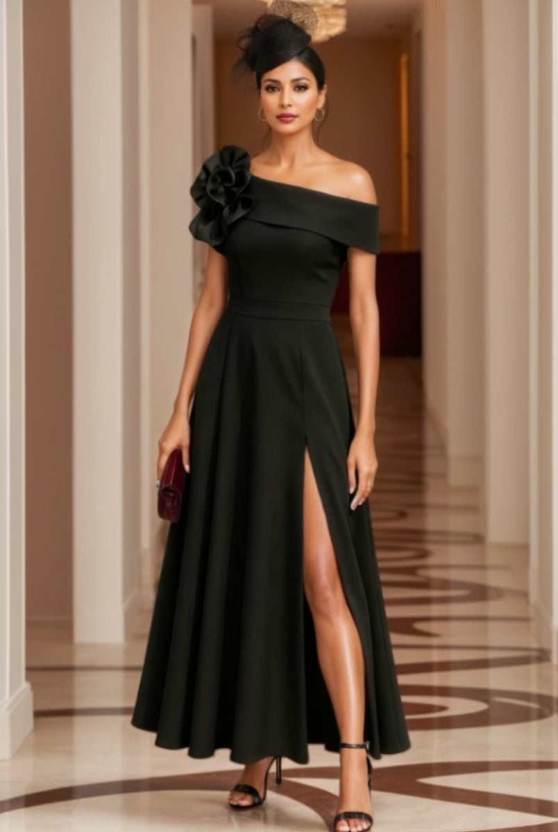 A-Line/Princess One-Shoulder Ankle-Length Cocktail Dresses with Split Side, Black