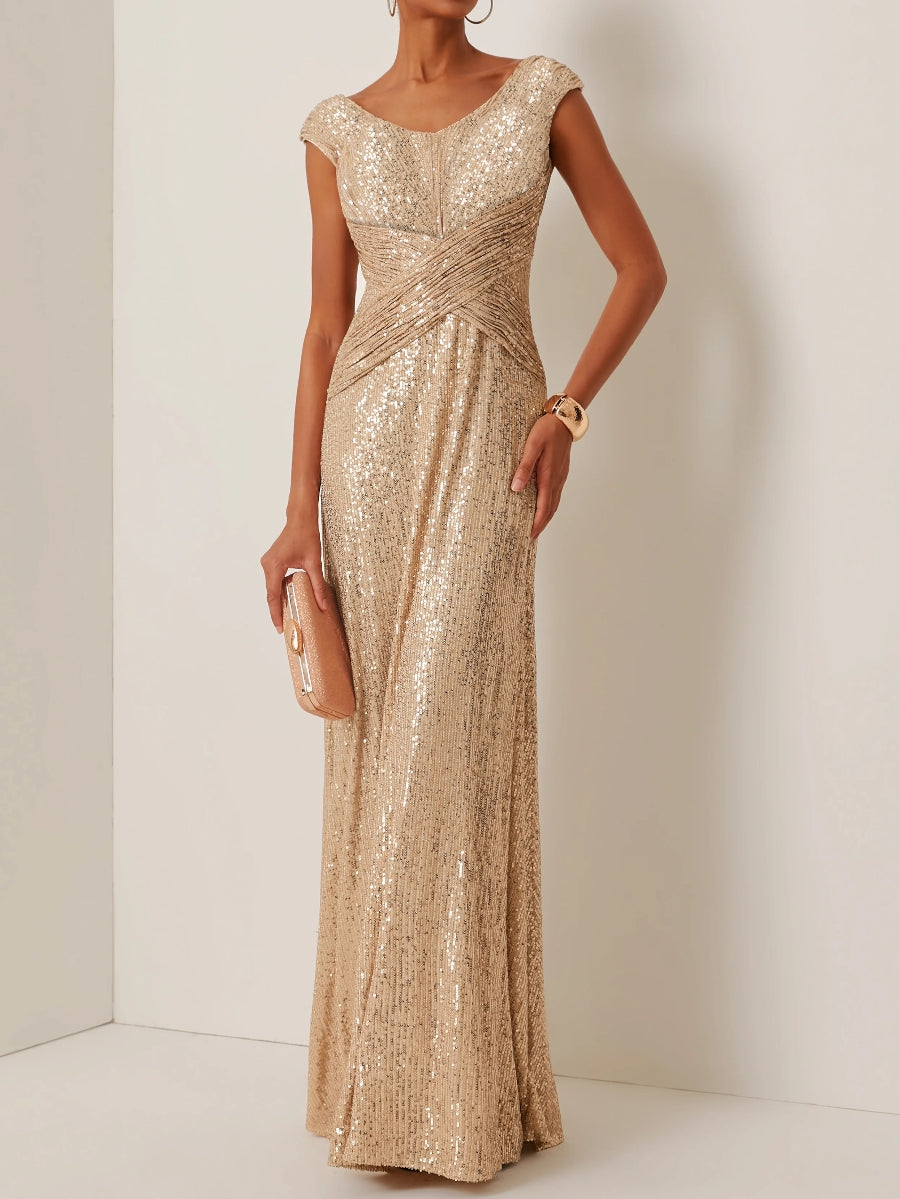 Sheath/Column Scoop Sequins Evening Dresses Sleeveless Floor-Length Party Dresses