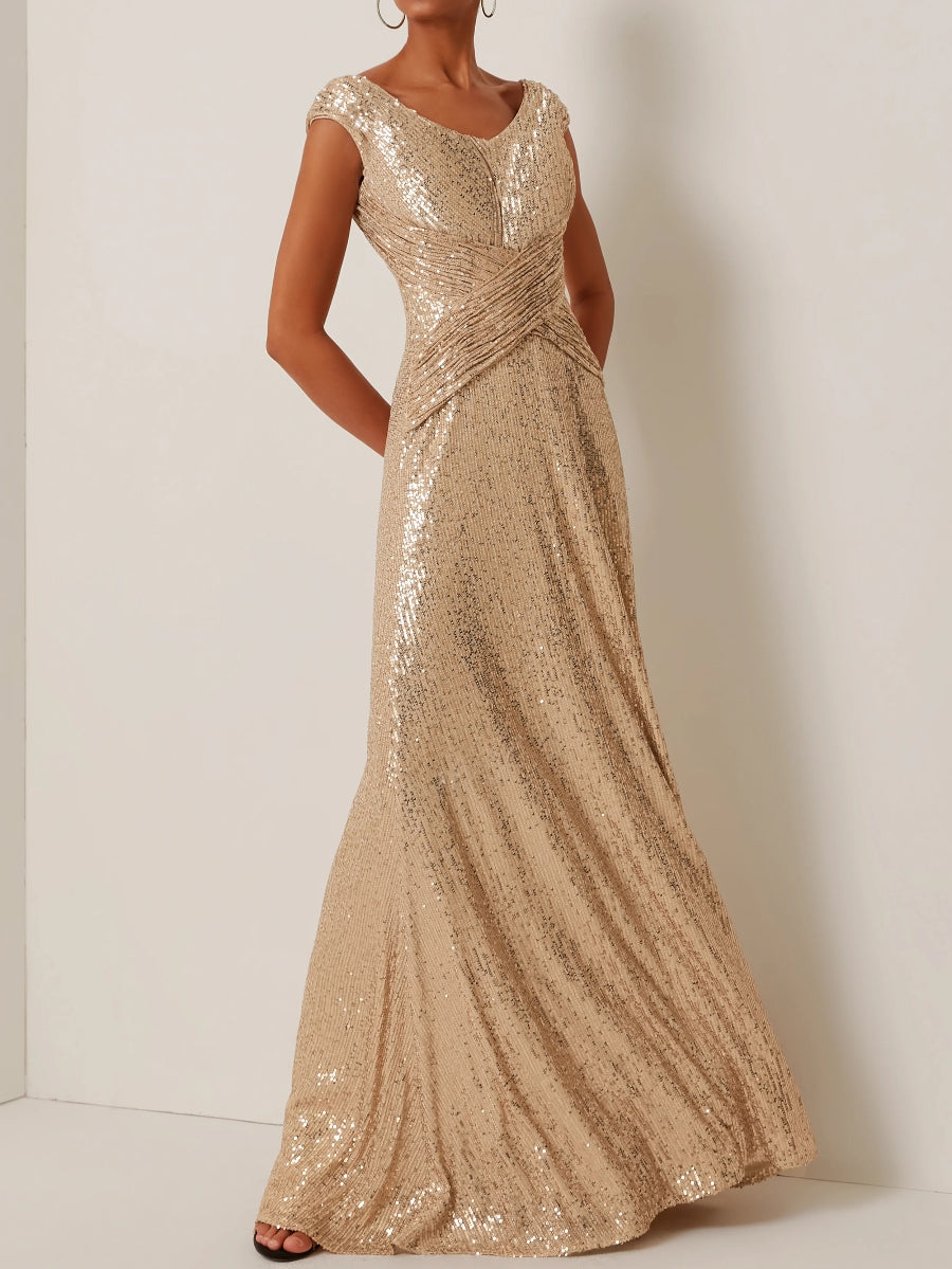 Sheath/Column Scoop Sequins Evening Dresses Sleeveless Floor-Length Party Dresses