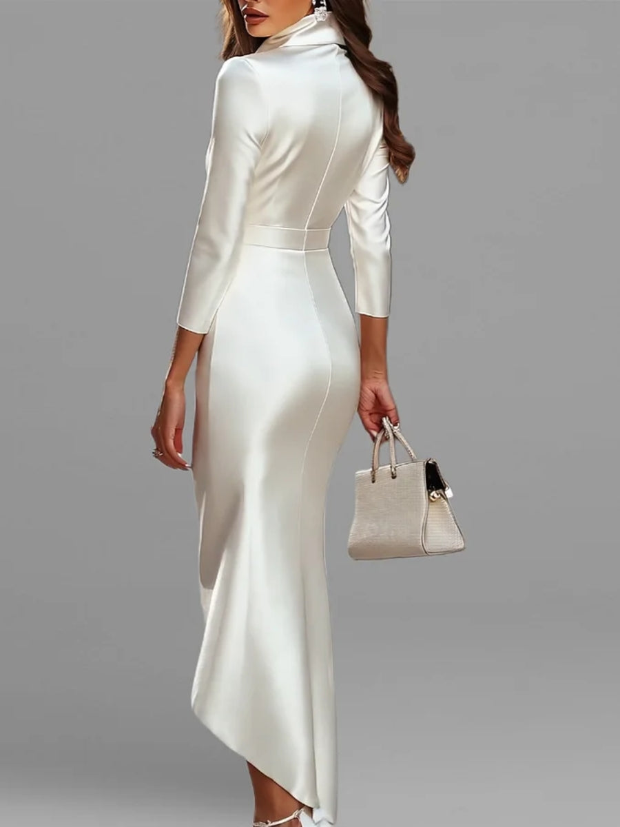 Sheath/Column V Neck 3/4 Sleeves Stand Collar Cocktail Dresses High-Low Ankle-Length Asymmetrical Wedding Guest Dresses, Ivory Sheath/Column V Neck 3/4 Sleeves Stand Collar Cocktail Dresses High-Low Ankle-Length Asymmetrical Wedding Guest Dresses, Ivory