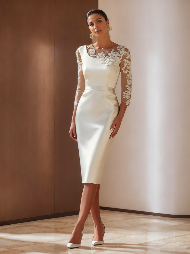 Sheath/Column 3/4 Sleeves Knee-Length Cocktail Dresses Appliqued Scoop