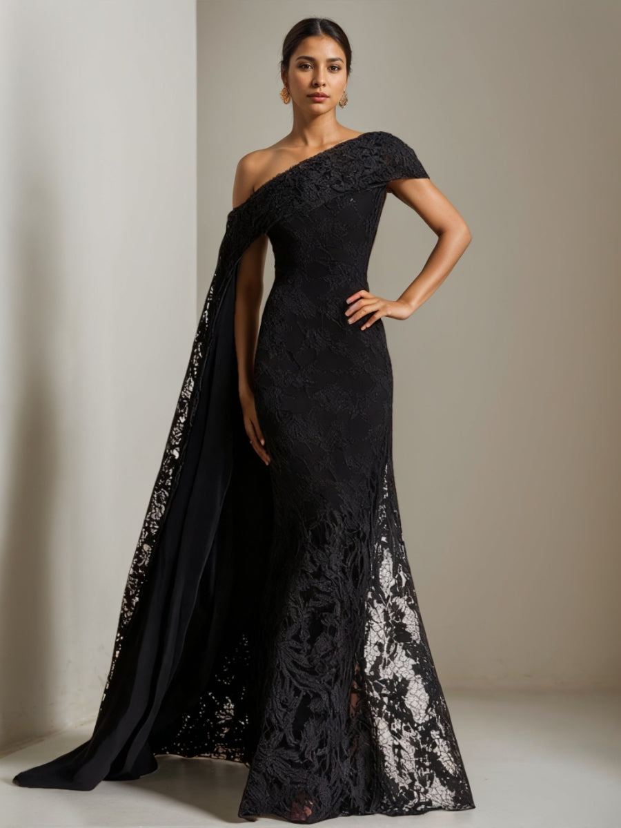 Trumpet/Mermaid One-Shoulder Lace Evening Dresses with Side Shoulder Cape
