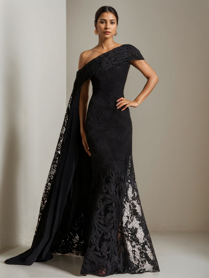 Trumpet/Mermaid One-Shoulder Lace Evening Dresses with Side Shoulder Cape