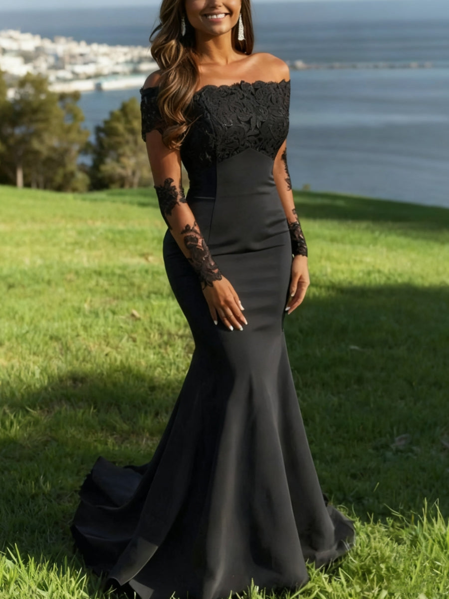 Trumpet/Mermaid Off-the-Shoulder Lace Evening Dresses Long Sleeves Party Dresses