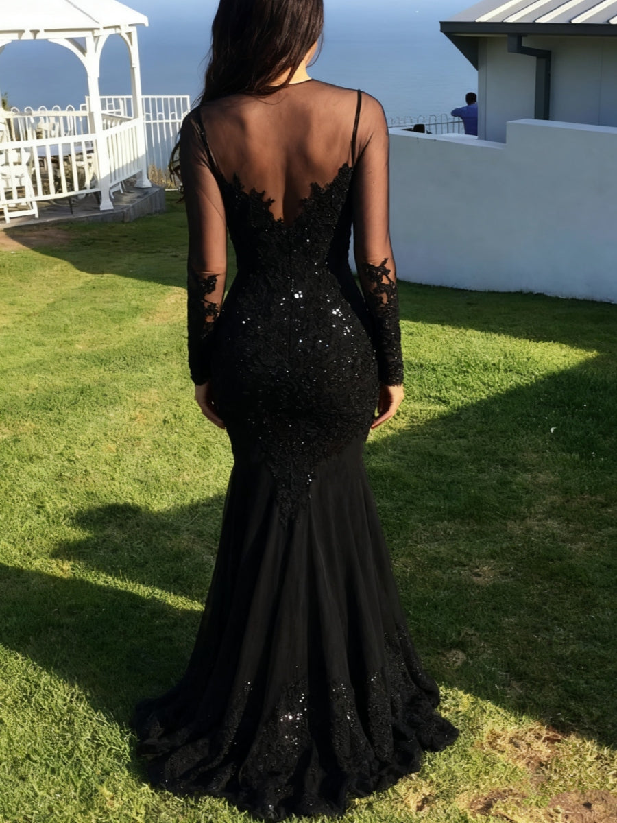 Trumpet/Mermaid Tulle Long Sleeves Evening Dresses with Lace Floor-length Party Dresses