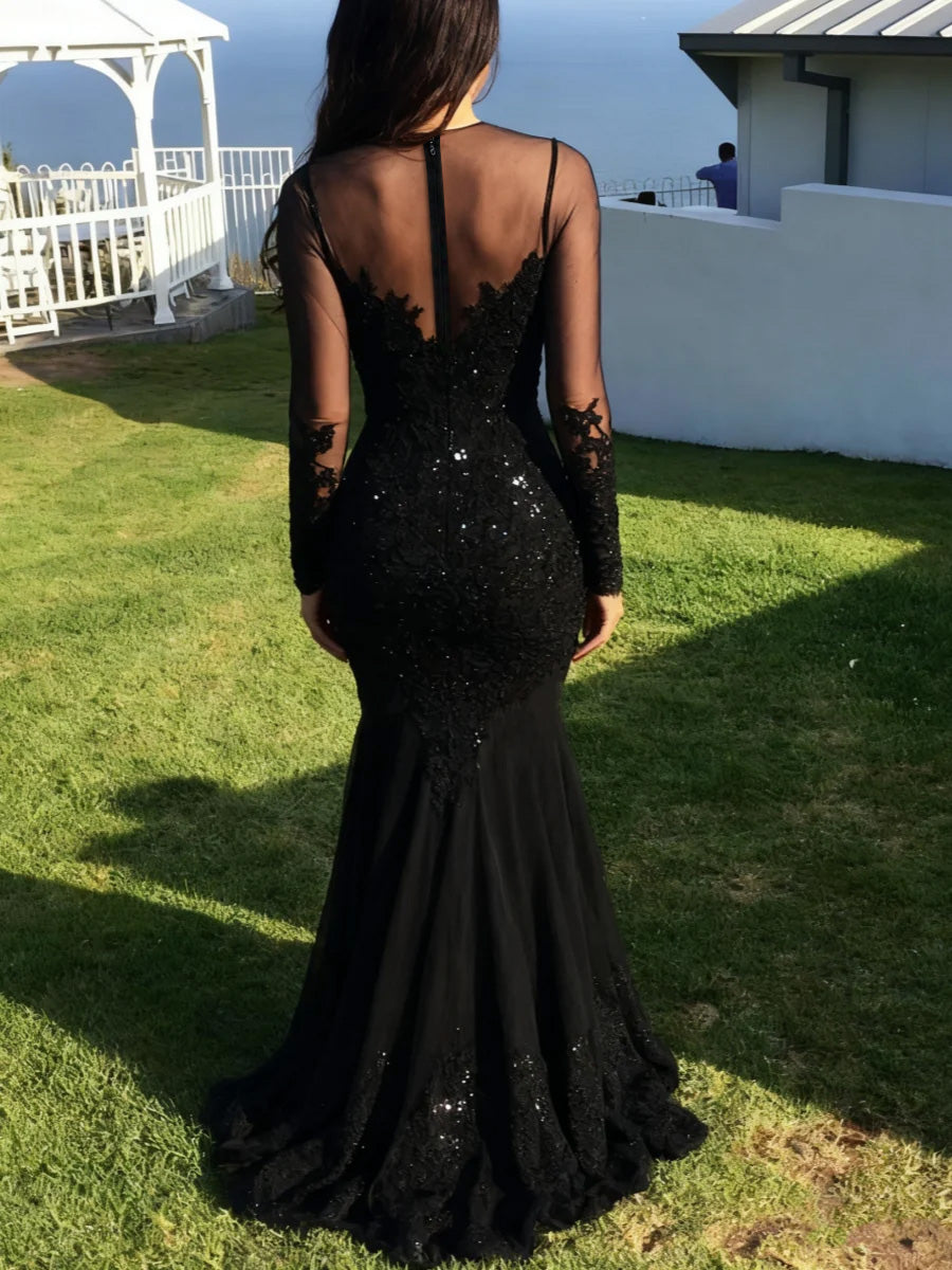 Trumpet/Mermaid Tulle Long Sleeves Evening Dresses with Lace Floor-length Party Dresses