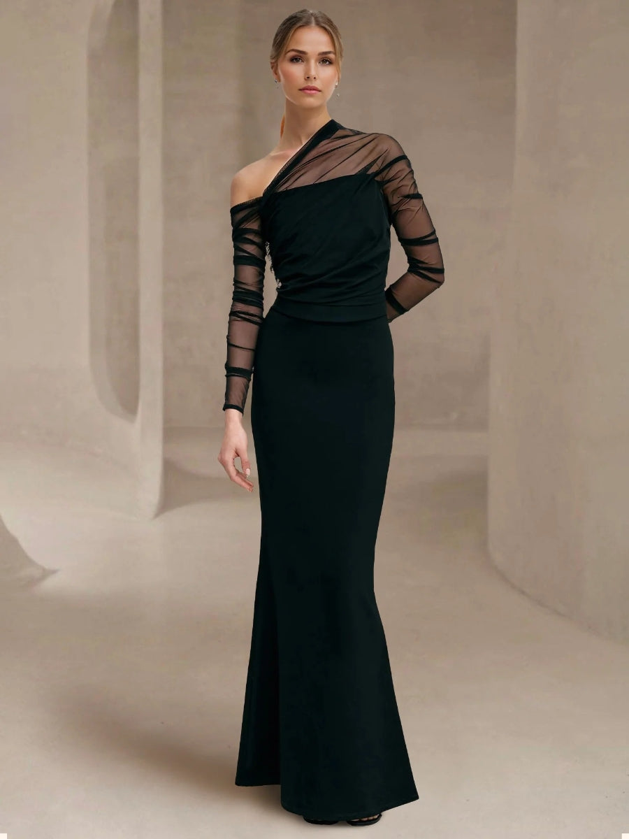 Sheath/Column Evening Dress One-Shoulder Floor-length Tulle Long Sleeves Party Dresses