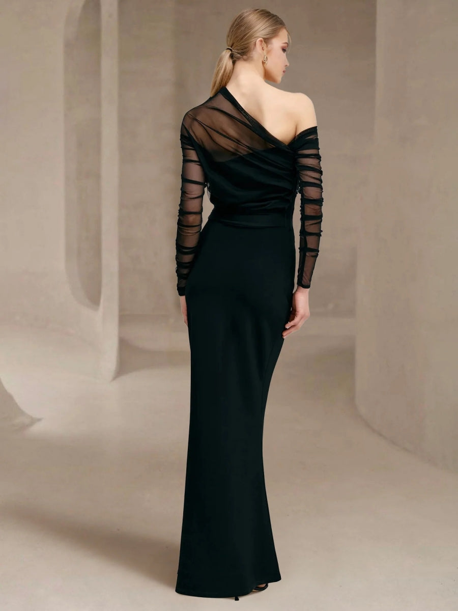 Sheath/Column Evening Dress One-Shoulder Floor-length Tulle Long Sleeves Party Dresses