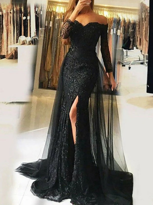 Trumpet/Mermaid Off-the-Shoulder Sweep Train Evening Dresses Floor-length with Lace Party Dresses Split Front