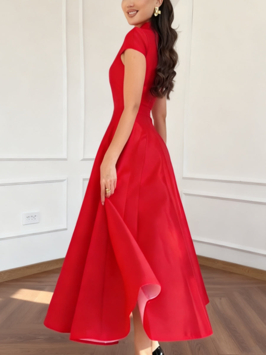 A-Line/Princess Short Sleeves Wedding Guest Dresses Tea-Length V-Neck