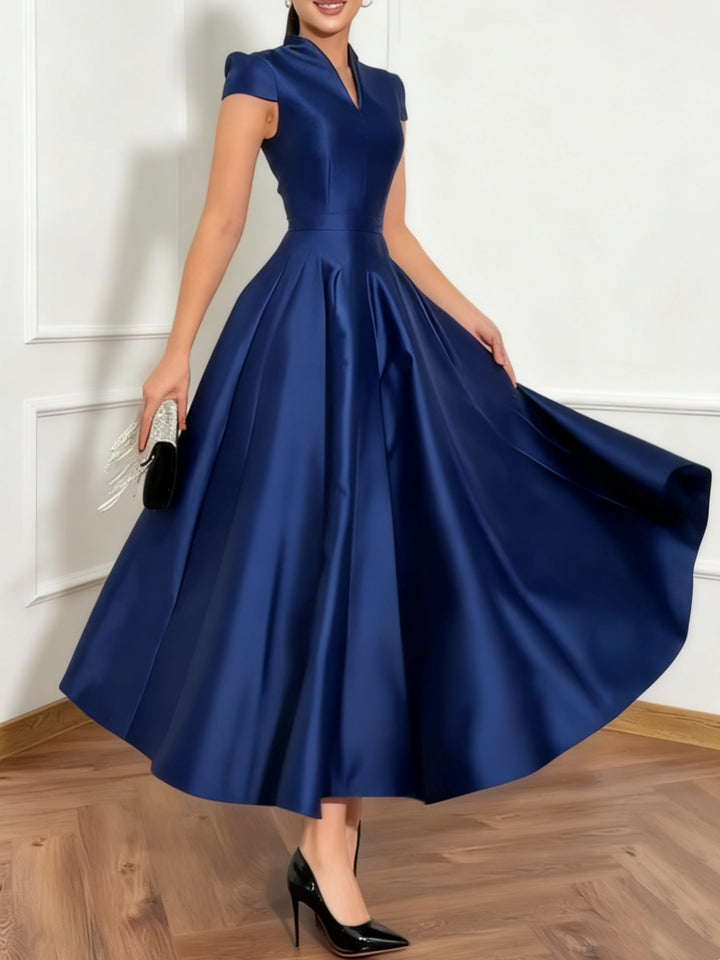 A-Line/Princess Short Sleeves Wedding Guest Dresses Tea-Length V-Neck