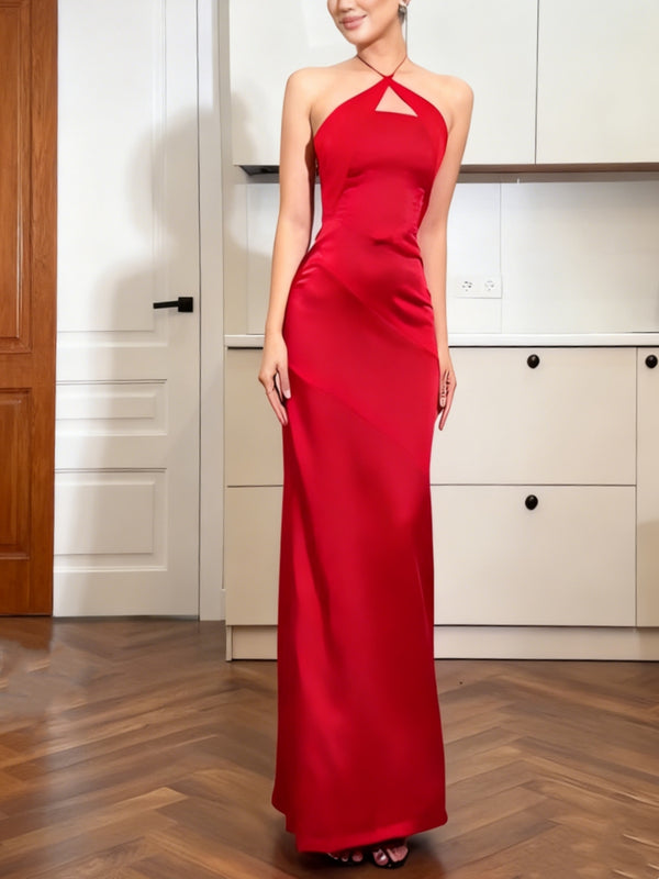 Sheath/Column Halter Evening Dresses Floor-Length Sleeveless Party Dresses Pleats