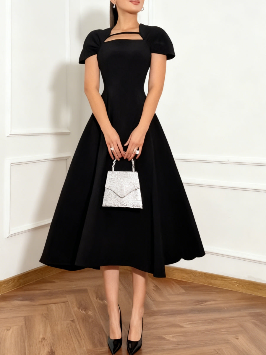 A-Line/Princess Square Collar Cocktail Dresses Tea-Length Cape Sleeves Ruffles