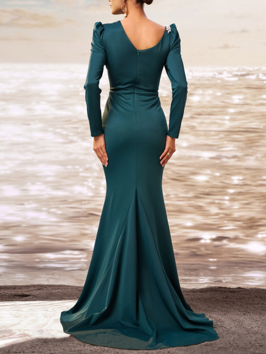 Trumpet/Mermaid Asymmetrical Collar Evening Dresses with Split Side Stretch Satin Floor-Length Long Sleeves Party Dresses