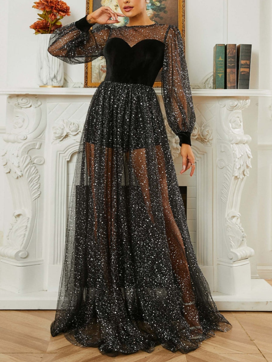 sheer party dresses Sheer Glitter Mesh Evening Gown 2026 Black A Line Prom Cocktail Party Dresses Velvet Bodice Elegant Formal Dress for Fashion Events, Black / S