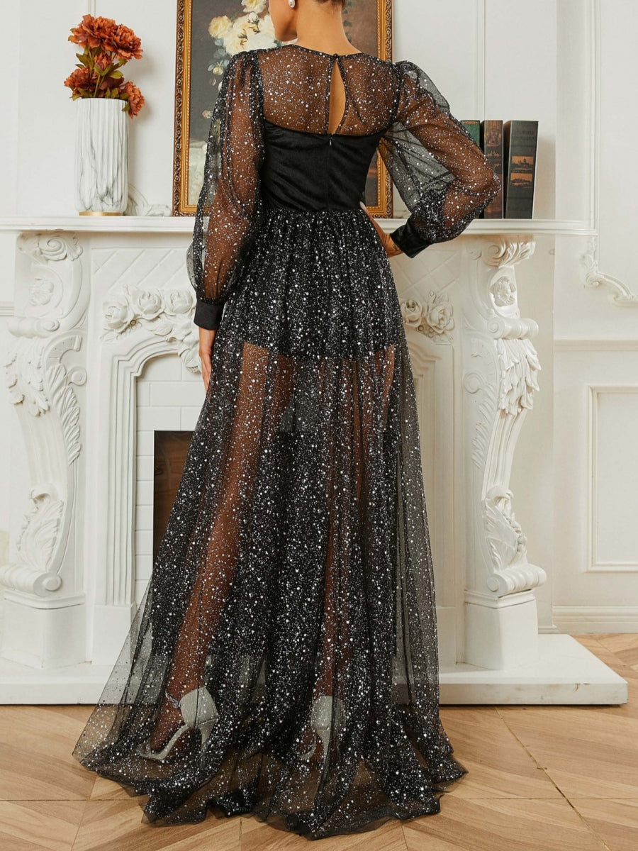 A-Line/Princess Scoop Evening Dresses Sequins Floor-Length Long Sleeves Sheer Party Dresses