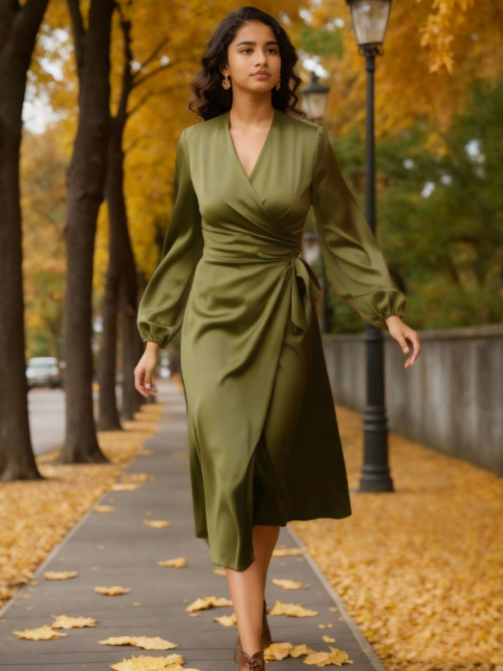 A-Line/Princess V-Neck Wedding Guest Dresses Tea-Length Long Sleeves Ruched Silk Satin