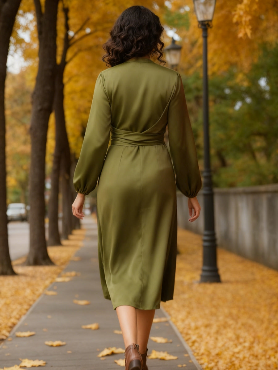 A-Line/Princess V-Neck Wedding Guest Dresses Tea-Length Long Sleeves Ruched Silk Satin