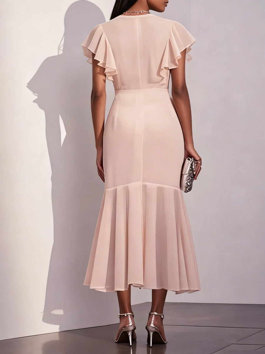 Trumpet/Mermaid V-Neck Chiffon Wedding Guest Dresses Asymmetrical Tea-Length Cocktail Dress