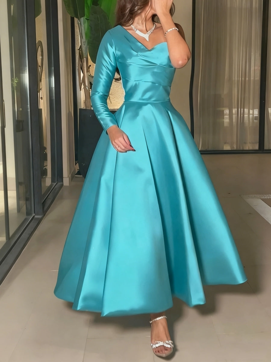 A-Line/Princess Satin One-Shoulder Cocktail Dresses Long Sleeves Pleated Ankle-Length Evening Dress Formal Dress