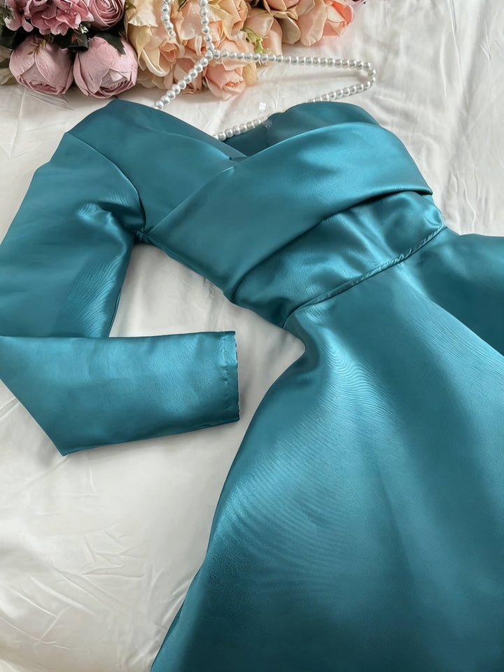 A-Line/Princess Satin One-Shoulder Cocktail Dresses Long Sleeves Pleated Ankle-Length Evening Dress Formal Dress