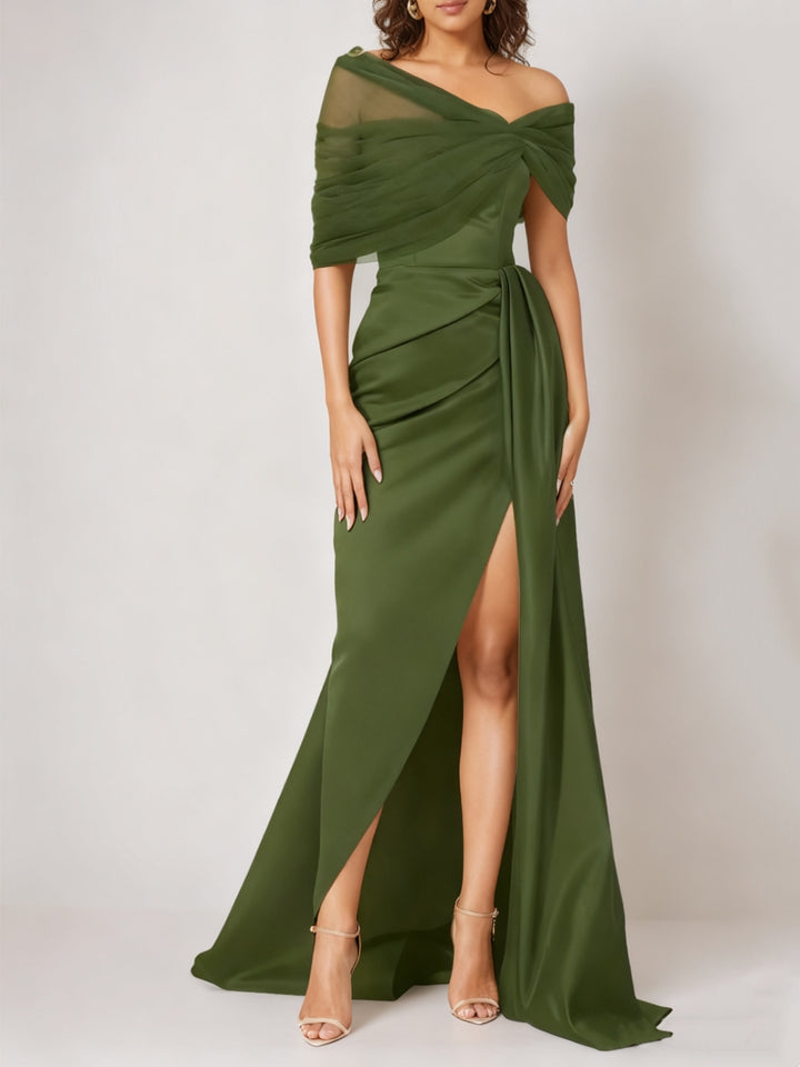 Trumpet/Mermaid Off-The-Shoulder Evening Dresses with Split Front Satin Tulle Floor-Length Party Dresses