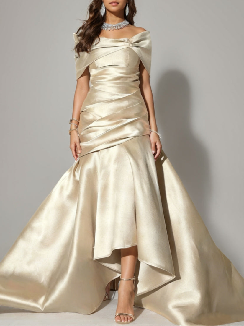 Trumpet/Mermaid Off-the-Shoulder Satin Evening Dresses Ruched Sleeveless Floor-Length Party Dresses