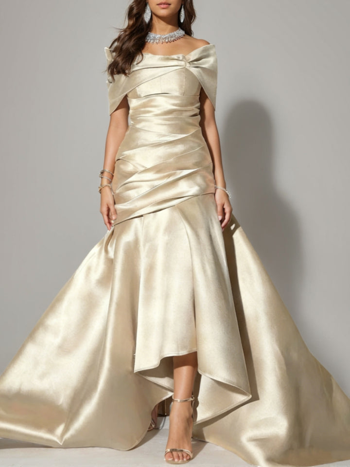 Trumpet/Mermaid Off-the-Shoulder Satin Evening Dresses Ruched Sleeveless Floor-Length Party Dresses