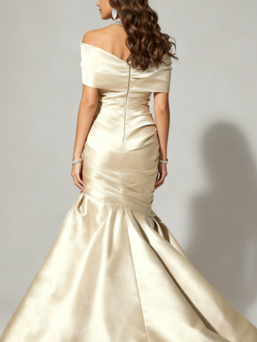 Trumpet/Mermaid Off-the-Shoulder Satin Evening Dresses Ruched Sleeveless Floor-Length Party Dresses