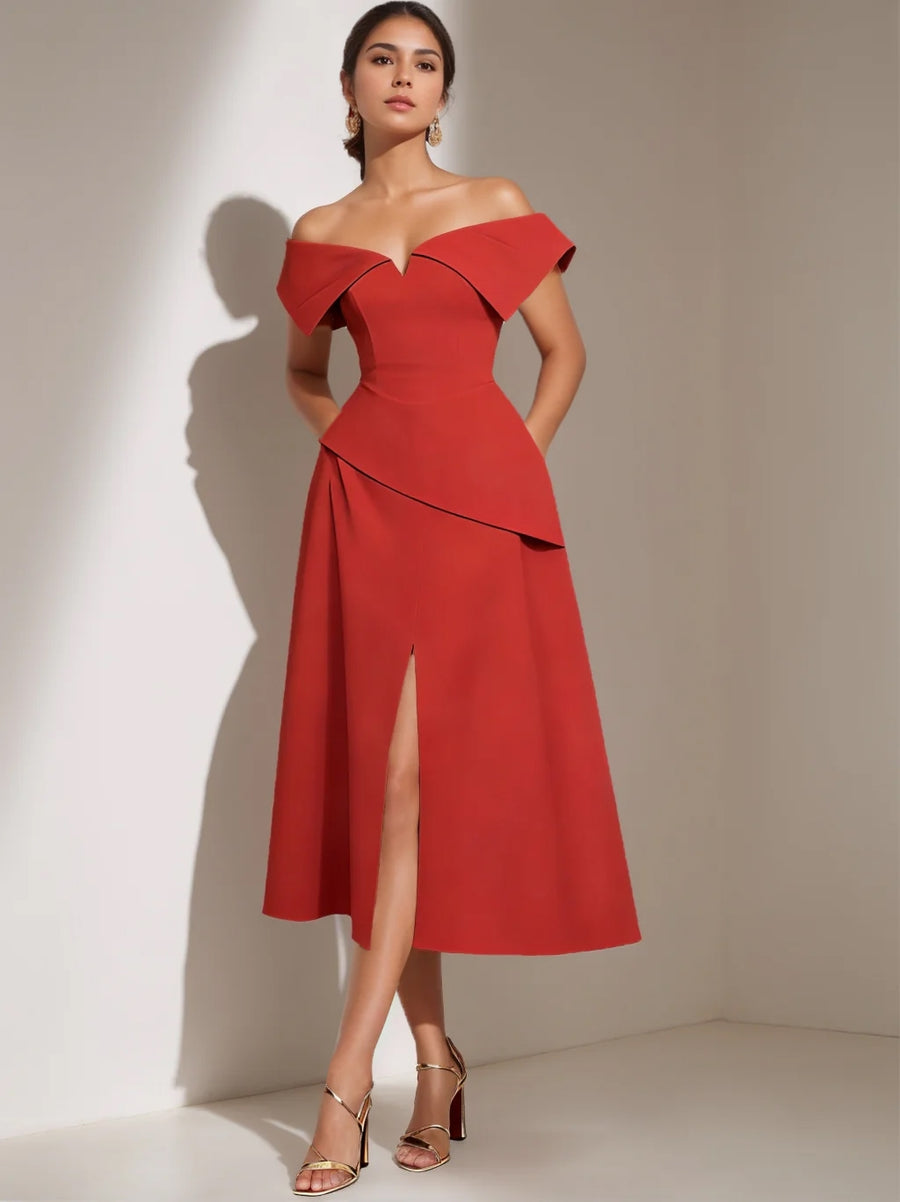 A-Line/Princess Off-the-Shoulder Cocktail Dresses Stretch Satin Tea-Length Pleats Formal Dress, Red