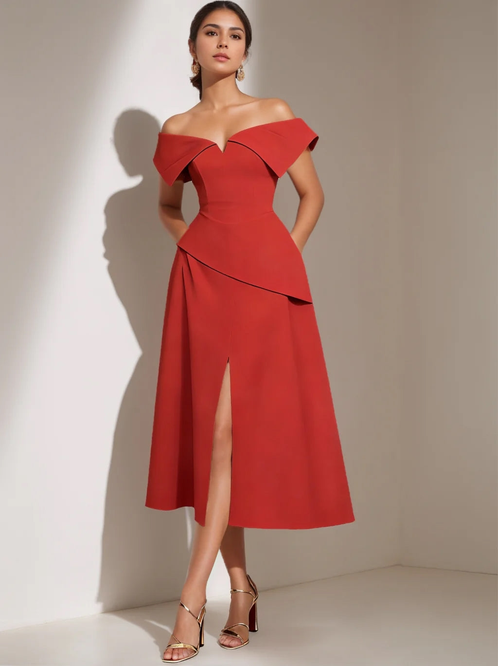 A-Line/Princess Off-the-Shoulder Cocktail Dresses Stretch Satin Tea-Length Pleats Formal Dress