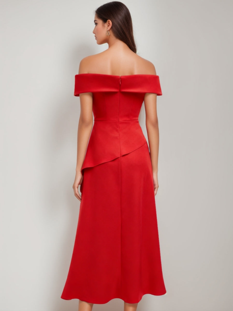 A-Line/Princess Off-the-Shoulder Cocktail Dresses Stretch Satin Tea-Length Pleats Formal Dress