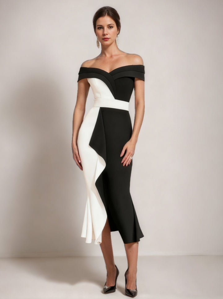 Sheath/Column Off-the-Shoulder Cocktail Dresses Stretch Satin Tea-Length Sleeveless Ruffles Formal Dress