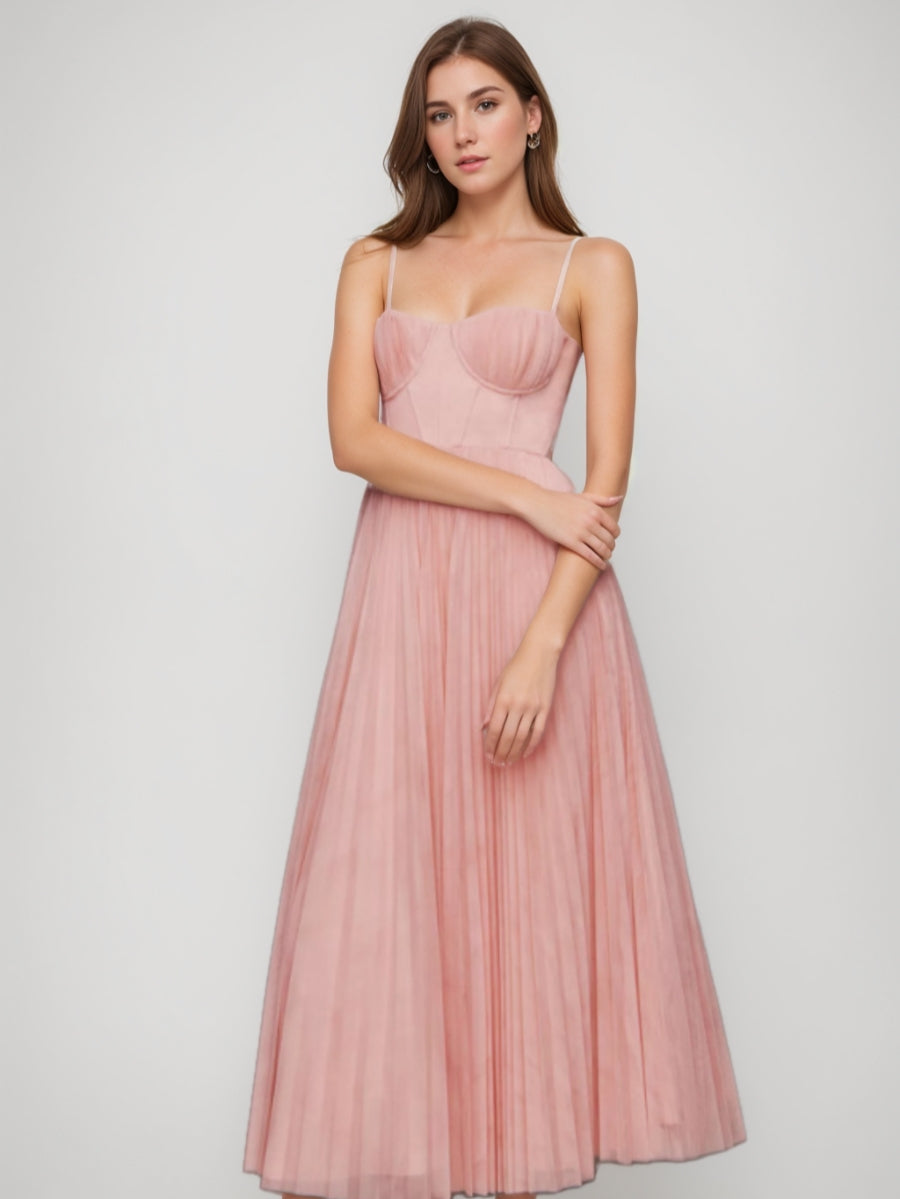 A-Line/Princess Spaghetti Straps Chiffon Cocktail Dresses Ankle-Length Sleeveless Pleated Formal Dresses