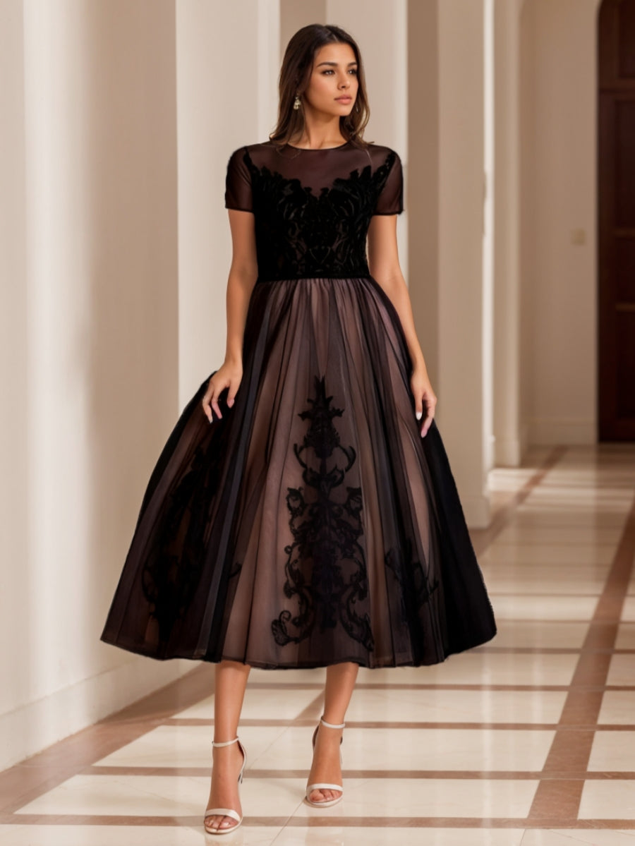 A-Line/Princess Scoop Tulle Cocktail Dresses Short Sleeves Tea-Length Lace Velvet Fromal Dresses