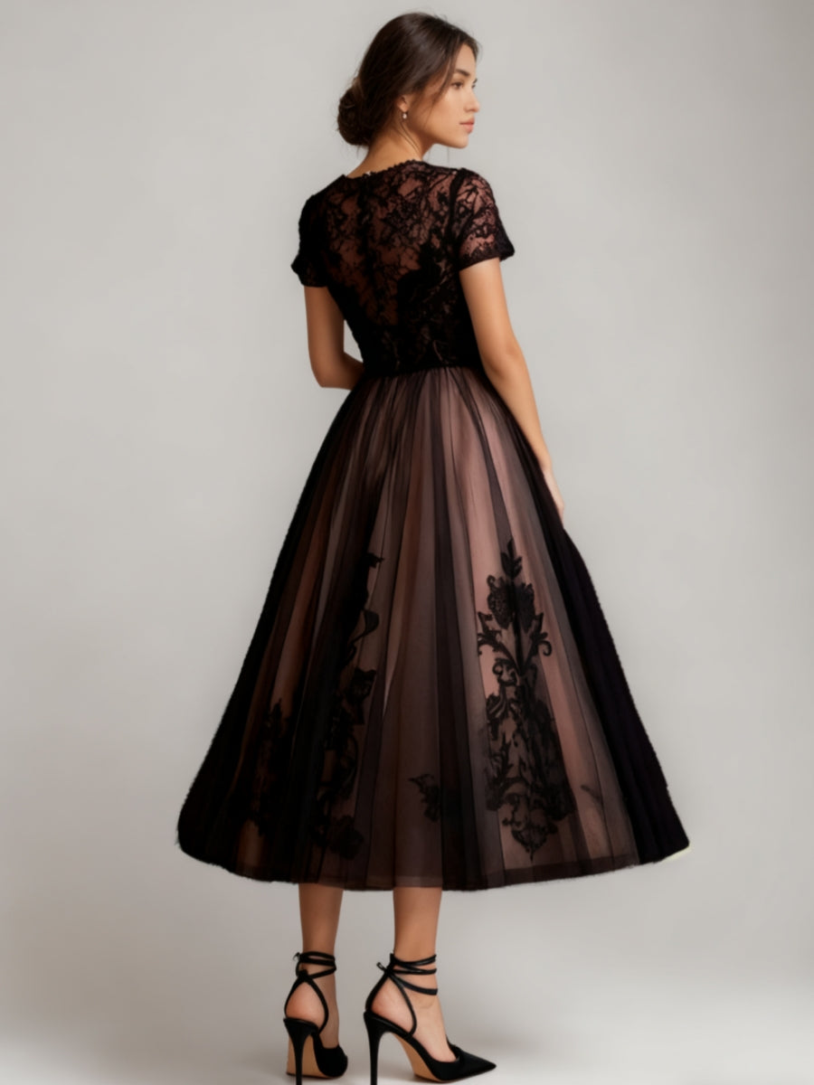 A-Line/Princess Scoop Tulle Cocktail Dresses Short Sleeves Tea-Length Lace Velvet Fromal Dresses