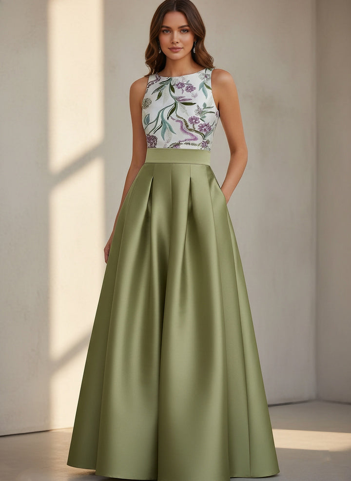 A-Line/Princess Scoop Satin Evening Dresses Sleeveless Floor-Length Floral Sequins Party Dresses