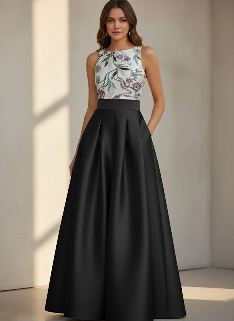 A-Line/Princess Scoop Satin Evening Dresses Sleeveless Floor-Length Floral Sequins Party Dresses