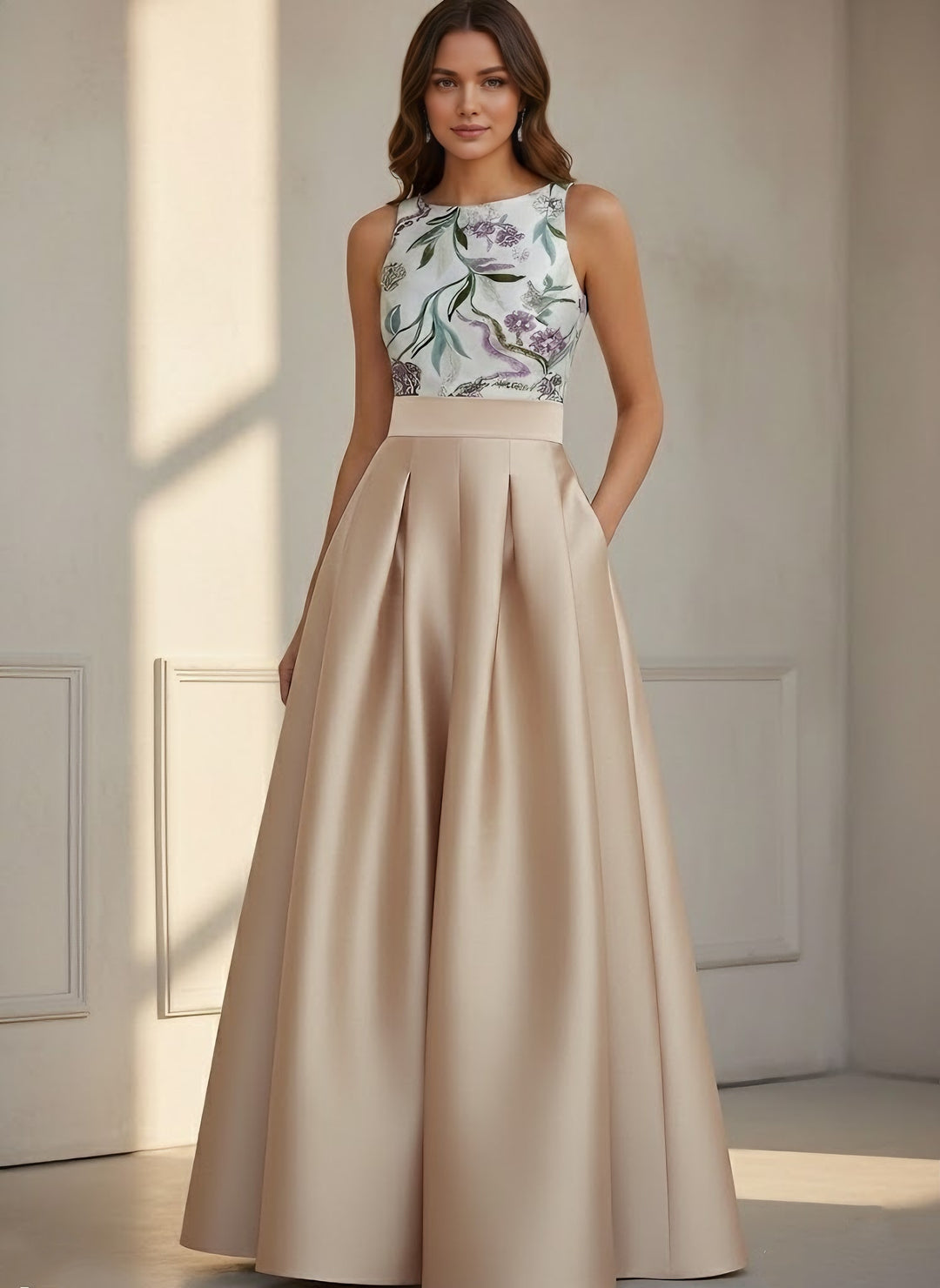 A-Line/Princess Scoop Satin Evening Dresses Sleeveless Floor-Length Floral Sequins Party Dresses