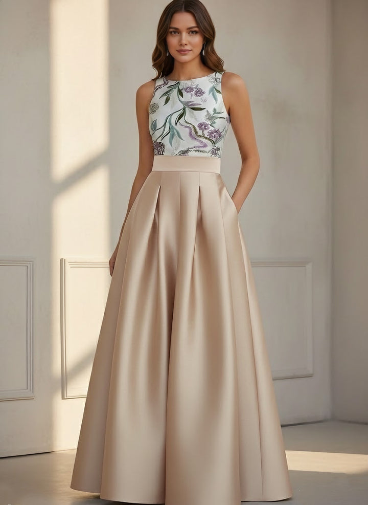 A-Line/Princess Scoop Satin Evening Dresses Sleeveless Floor-Length Floral Sequins Party Dresses