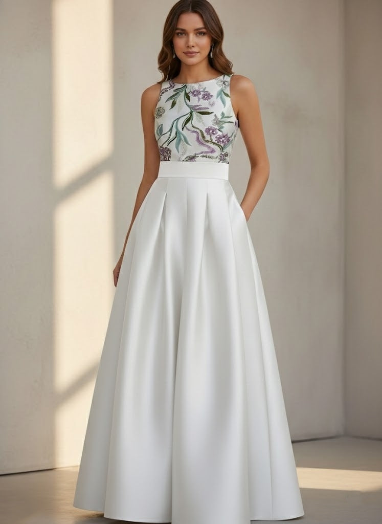 A-Line/Princess Scoop Satin Evening Dresses Sleeveless Floor-Length Floral Sequins Party Dresses