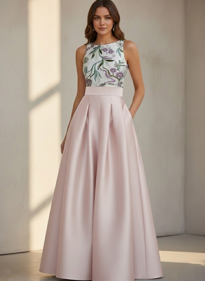 A-Line/Princess Scoop Satin Evening Dresses Sleeveless Floor-Length Floral Sequins Party Dresses