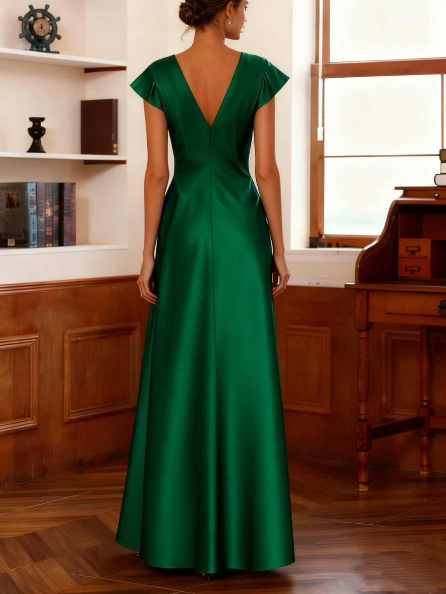 A-Line/Princess V-Neck Satin Cocktail Dresses Short Sleeves Ankle-Length Ruffles Formal Dresses