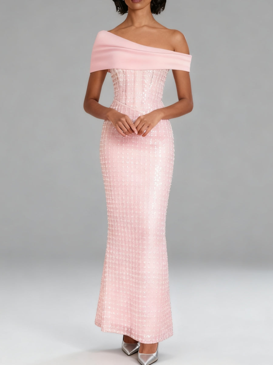 Sheath/Column Off-the-Shoulder Satin Cocktail Dresses Sequins Sleeveless Ankle-Length Formal Dresses