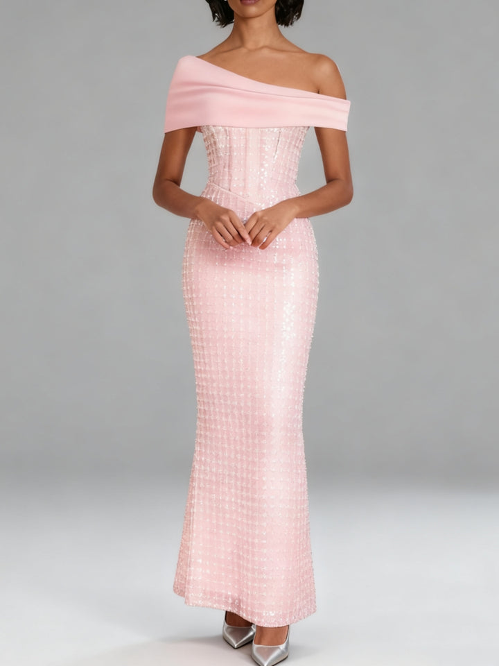 Sheath/Column Off-the-Shoulder Satin Cocktail Dresses Sequins Sleeveless Ankle-Length Formal Dresses