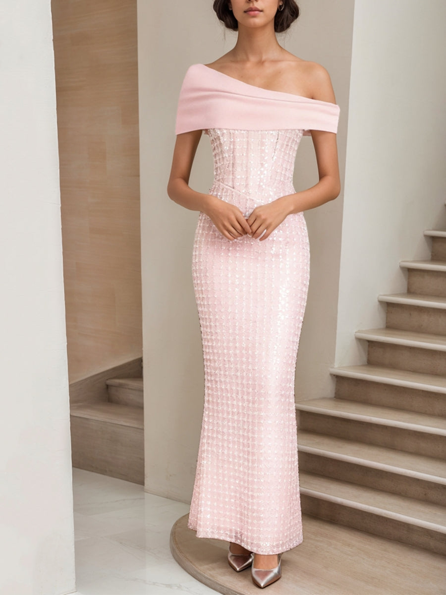 Sheath/Column Off-the-Shoulder Satin Cocktail Dresses Sequins Sleeveless Ankle-Length Formal Dresses