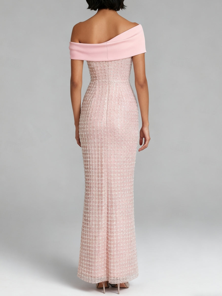 Sheath/Column Off-the-Shoulder Satin Cocktail Dresses Sequins Sleeveless Ankle-Length Formal Dresses